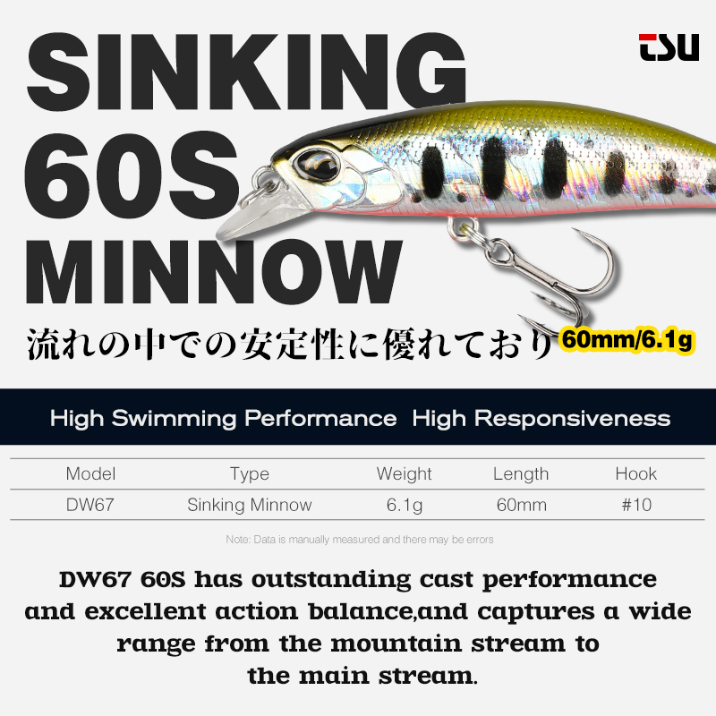 TSURINOYA  Sinking Minnow 60S  - Fishing Lure Jerkbait avis et prix